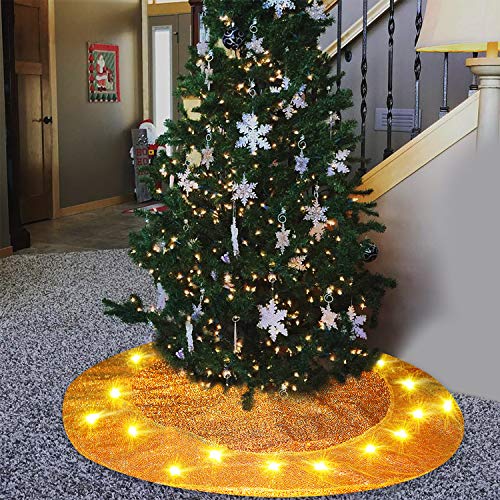 Gold Tree Skirt 40 inch Christmas Tree Skirt with LED Lights Xmas Tree Mat for Christmas