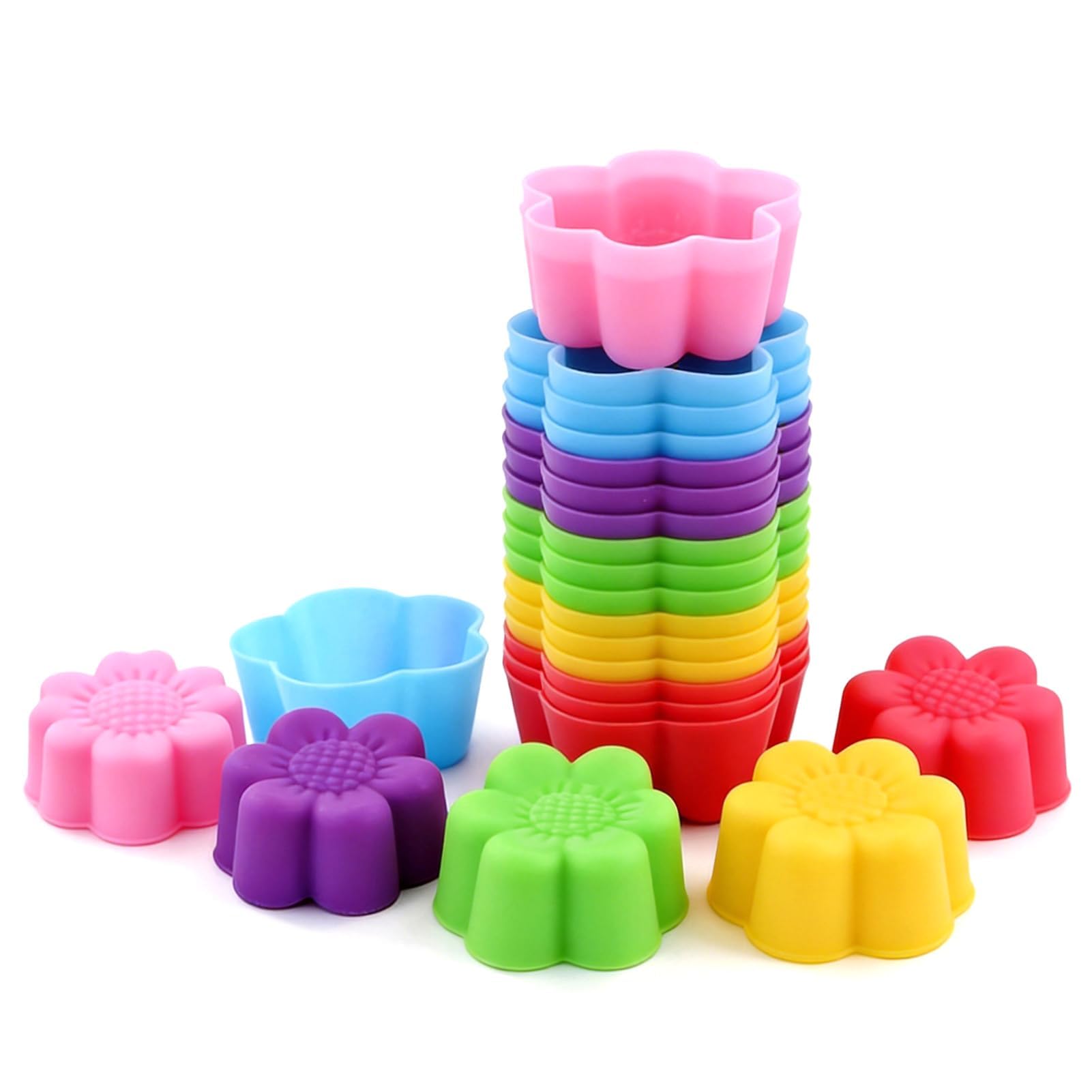 Reusable Silicon Muffin Molds, 24Pcs Silicone Cupcake Molds Mini Flower Shape Silicone Baking Cups Cupcake Liners Reusable Muffin Cup Cake Pan for Cake Chocolate Moulds(D*H: 5cm x 2.5cm)