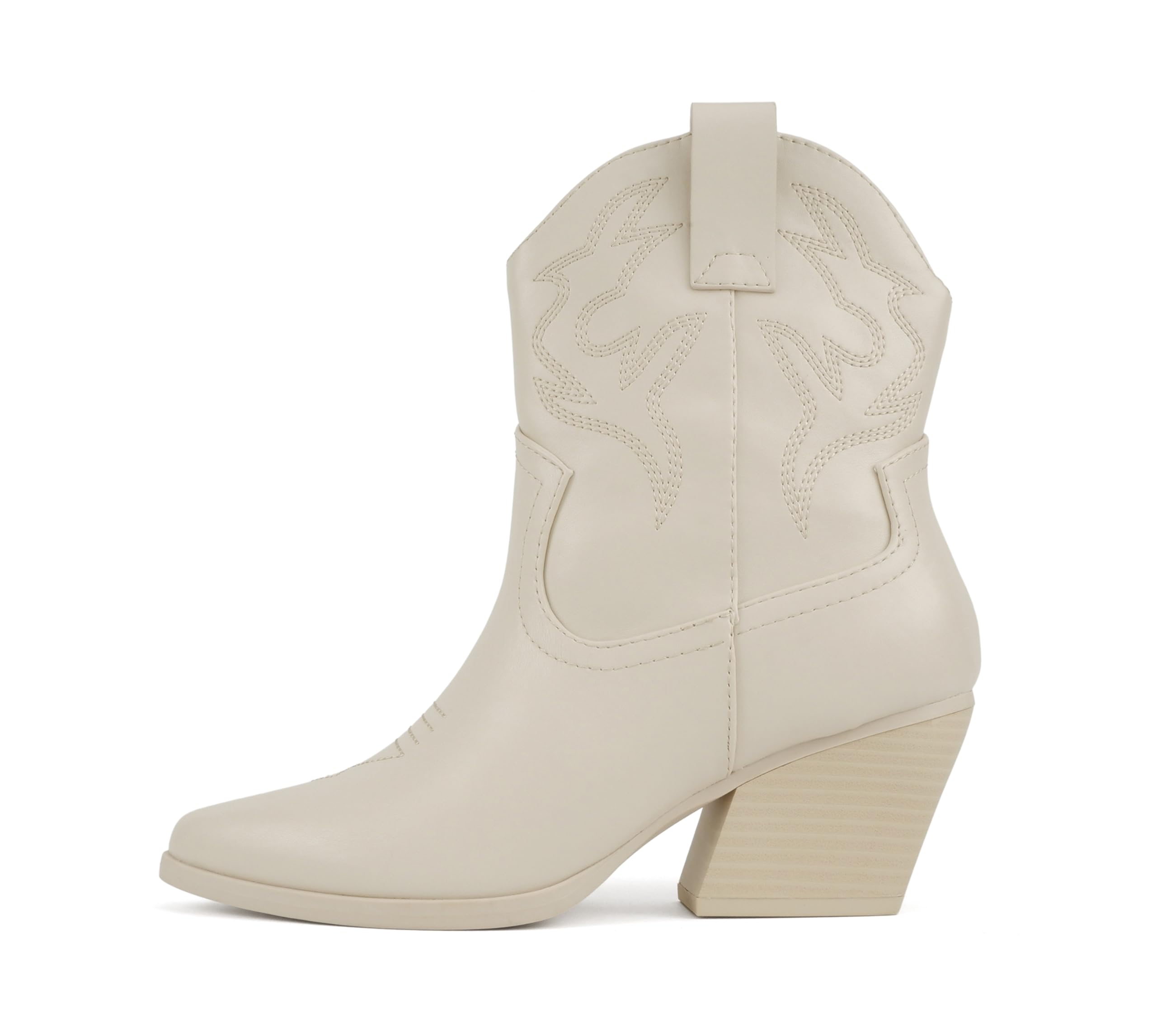 Soda “BLAZING” ~ Women Western Stitched Pointe Toe Low Heel High Top Ankle Shaft Boot Bootie (BONE PU, us_footwear_size_system, adult, women, numeric, medium, numeric_7_point_5) Image