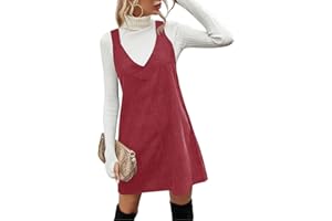 Koinshha Women V Neck Corduroy Overall Dress Casual Loose Short Pinafore Dresses Cute Mini Jumper Dress