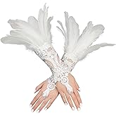 UQJE 2PCS Women's Lace Feather Long Gloves Gothic Mesh Cuff Wedding Halloween Party