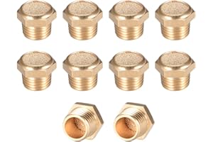 uxcell Brass Exhaust Muffler, 1/4" G Male Thread 19/32" Hex Sintered Air Pneumatic Bronze Muffler with Brass Body Flat 10pcs