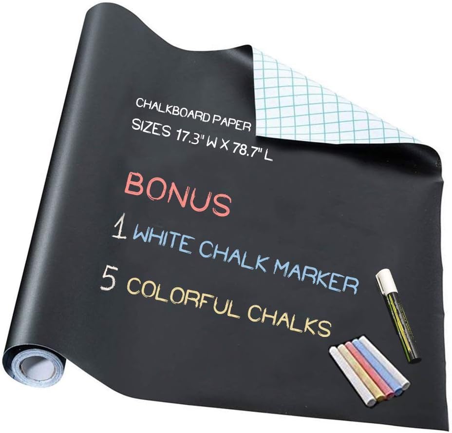Chalkboard Paper - Blackboard Vinyl Paper Removable Bulletin Wall Sticker, Giveaway of Free: 1 White Chalk Marker Pen + 5 Colorful Chalks - 17.3" W x 78.7" L : Office Products