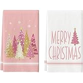 Artoid Mode Pink Xmas Tree Merry Christmas Kitchen Towels Dish Towels, 18x26 Inch Farmhouse Star Holiday Winter Decoration Hand Towels Set of 2