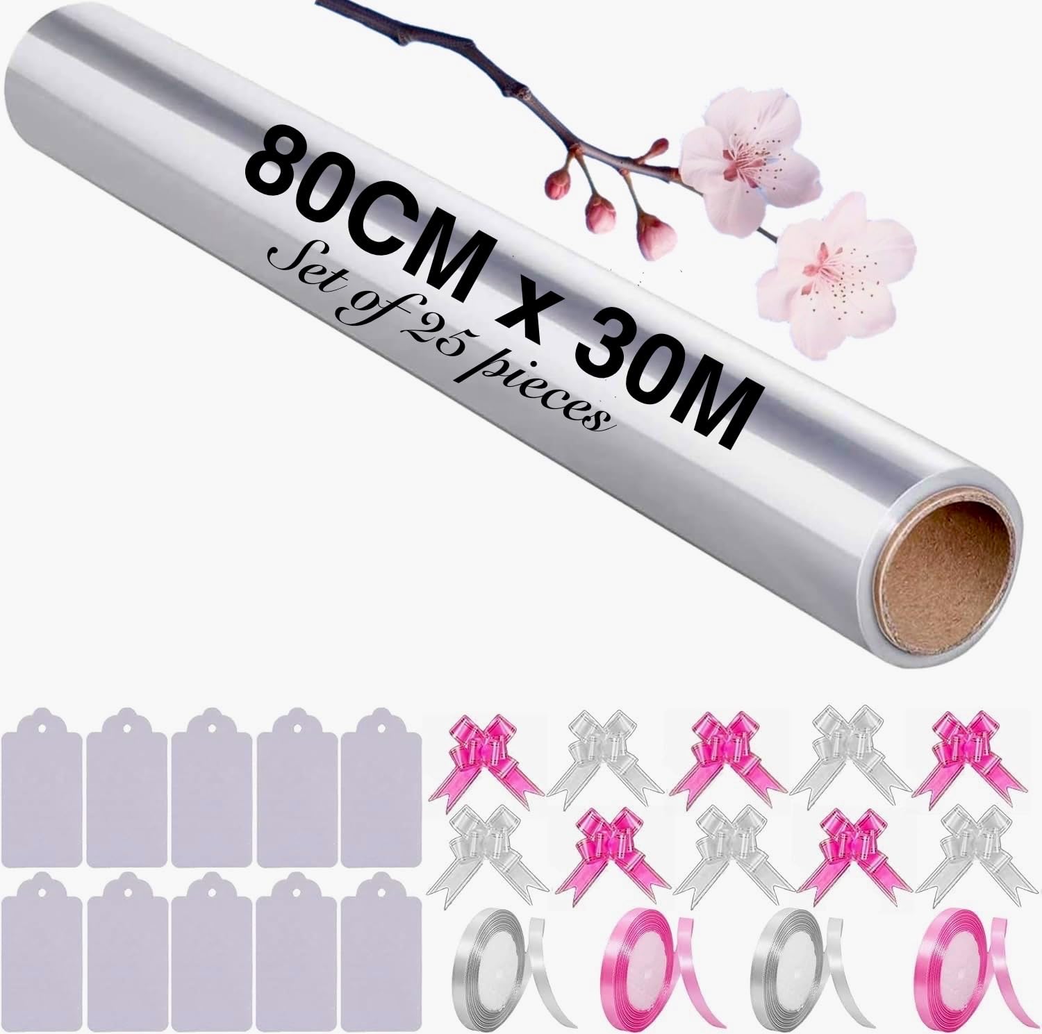 Spurly Clear Cellophane Wrap Roll 80cm x 30m Folded,Durable 2.5 Mil for Gift Wrapping, Florist Packing, Basket Hampers, Crafts Holiday Gifts with 10 Pull Bows,4 Ribbon Rolls,10 Gift Tags(Set of 25Pcs)