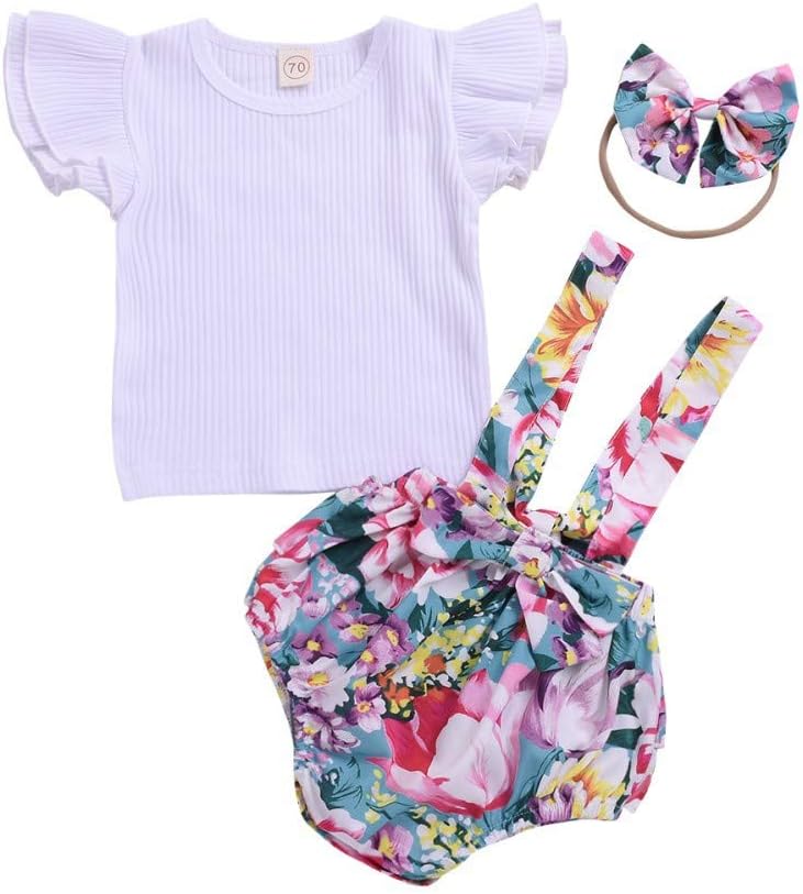Shiningbaby Baby Girl Outfits Newborn Clothes Sets T-Shirt Top Strap Jumpsuit Printed Pants