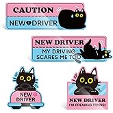 YOPPIX 4Pcs Black Cat New Driver Magnet for Car, Cute Cat Student Driver Car Magnet Stickers for Beginners, Reusable Safety Rookie Attention Sign for New Driver Gifts