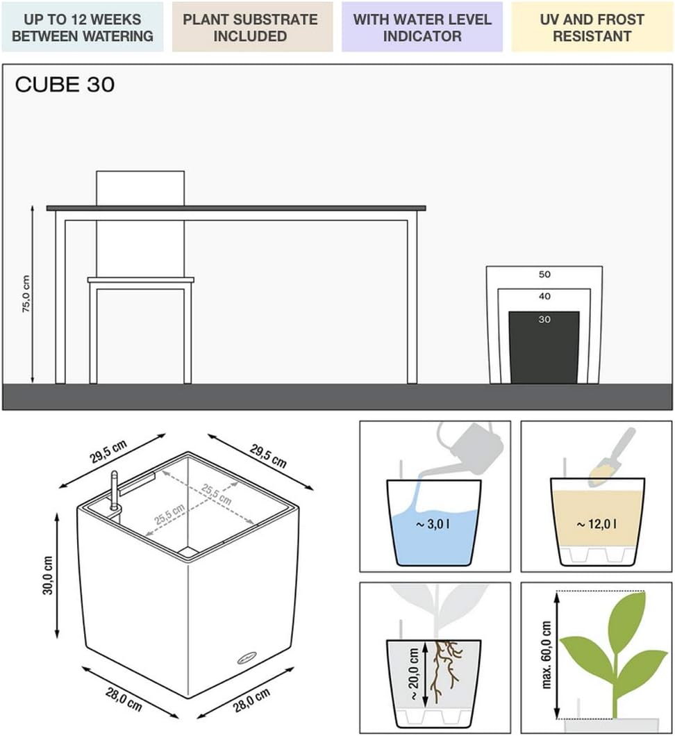Lechuza Self Watering Plant Pot CUBE 30 Garden Flower Indoor and Outdoor Plastic Planter with Drainage Hole H30 L30 W30 cm Black High-Gloss - Image 3