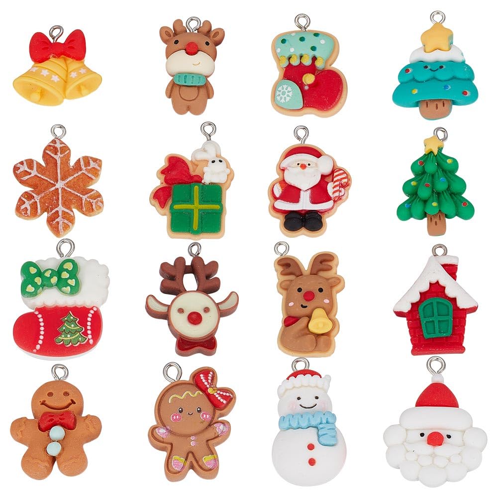 SUNNYCLUE 1 Box 32pcs 16 Styles Christmas Charms Bulk Snowman Charms Resin Snowman Tree Snowflake Reindeer Socks Holiday for jewellery Making Necklace Earring Adult Craft Mini Trees Decor