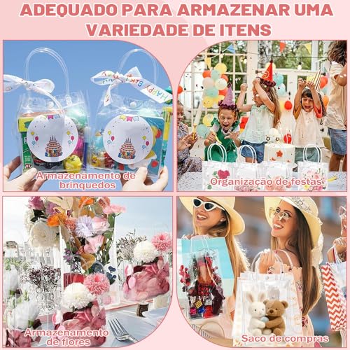Gavzrt 20 * 20 * 8 cm Sacola de Presente Transparente PVC com Alça Reutilizável para Festas e Eventos - 50 Unidades
