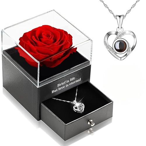 Christmas Gifts for Women Mum,925 Silver Necklace with Red Rose Artificial Flower,Secret Santa Gifts for Women Her,Stocking Fillers for Her Girlfriend on Christmas Birthday Anniversary Valentines