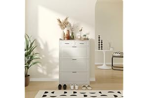 IDEALHOUSE White Narrow Shoe Storage Cabinet with 3 Flip Drawers and 2 Drawers, Freestanding Wooden Shoe Organizer for Entryw