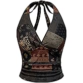 Milumia Women's Boho Paisley Deep V Neck Halter Crop Top Ruched Tie Backless Tank Tops Going Out
