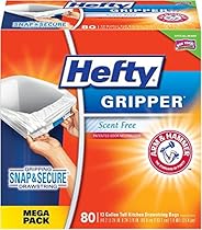 Hefty Gripper Trash Bags (Tall Kitchen Drawstring, 13 Gallon, 80 Count)