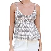 Women Y2k Floral Tank Top Ruffle Babydoll Camisole Sleeveless Smocked Back Peplum Shirt Summer Trendy Cami Tops