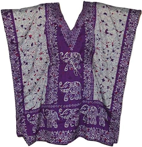 Exclusive Handcrafts Women's Drawstring Short Kaftan Dress, Beach Wear Cover up, V-Neck Kimono Tunic. X1523