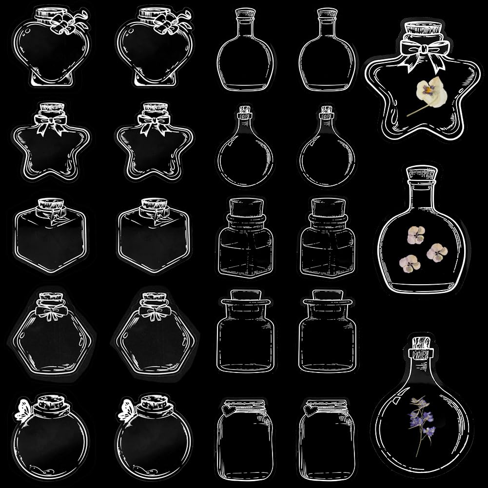 CRASPIRE 40Pcs 10 Styles Transparent Dried Flower Bookmarks Large Size Wishing Bottle Shape Flownwing Dried Flower Bookmark DIY Dried Flower Bookmark Kit Clear Jars Stickers World in A Bottle Stickers