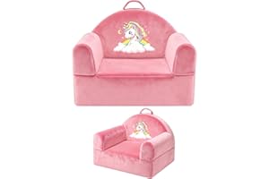 laapee Kids Sofa Chair with Removable Washable Cover & Magic-Tape Backrest Toddler Chair, Cozy Crystal Velvet Furniture for Playtime, Naps & Travel (Soft Pink, Unicorn Design)