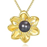 SHINYKEND Diamond Flower Necklace for Women, 925 Sterling Silver Freshwater Cultured Black Pearl Pendant Necklaces with Lab Grown Diamonds Jewelry Gifts for Christmas Mothers Day Birthday