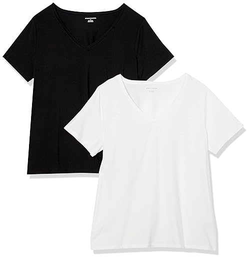 Amazon Essentials Women's Plus Size Short-Sleeve V-Neck T-Shirt, Pack of 2, White/Black, 3X
