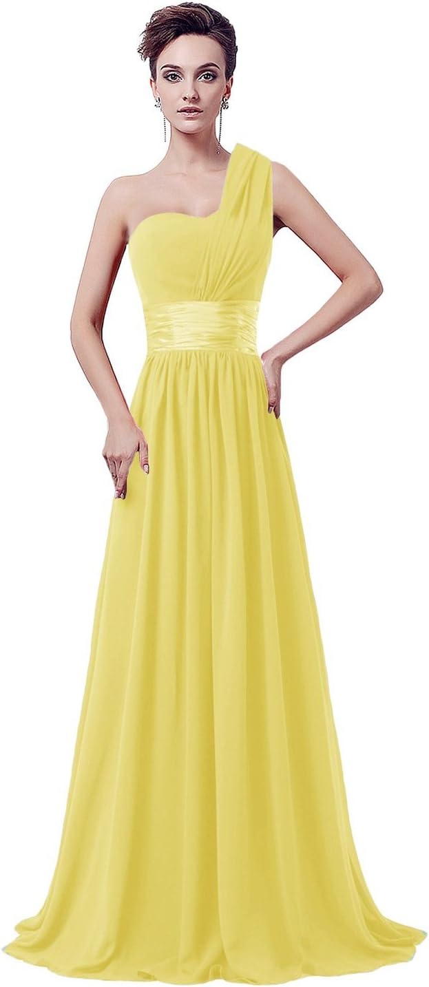 yan qiong Women's Chiffon One Shoulder Bridesmaids Evening Dresses Yellow L