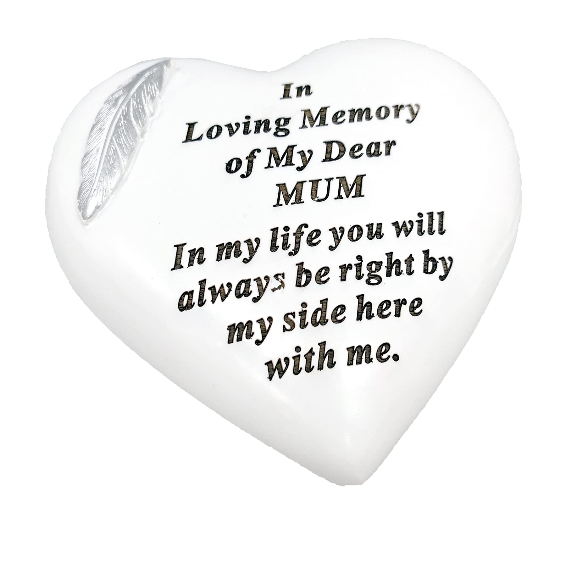 White Graveside Heart Memorial Plaque - Feather Detail - Mum 6666