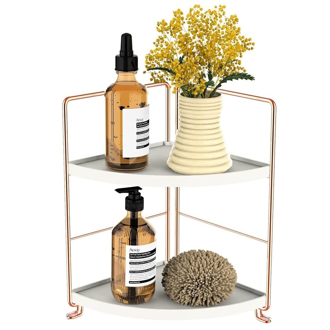 Koksi 2-Tier Bathroom Corner Organiser for Bathroom, Kitchen, Toilet, Bedroom, Makeup, Cosmetics, Countertop (White & Rose Gold)