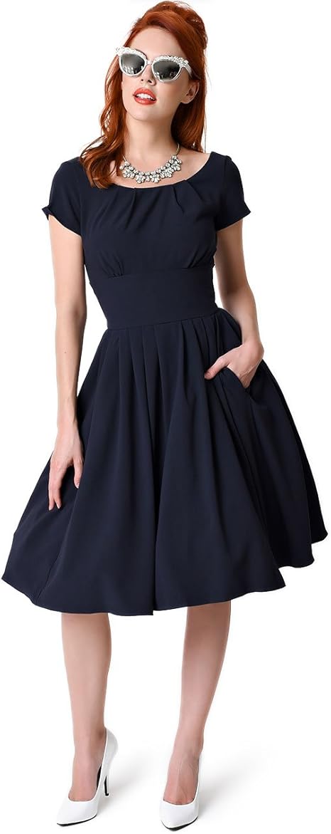 Amazon 1960年代スタイルネイビーブルー半袖ルーシースイングドレス Us サイズ Uk 12 カラー ブルー ワンピース チュニック 通販