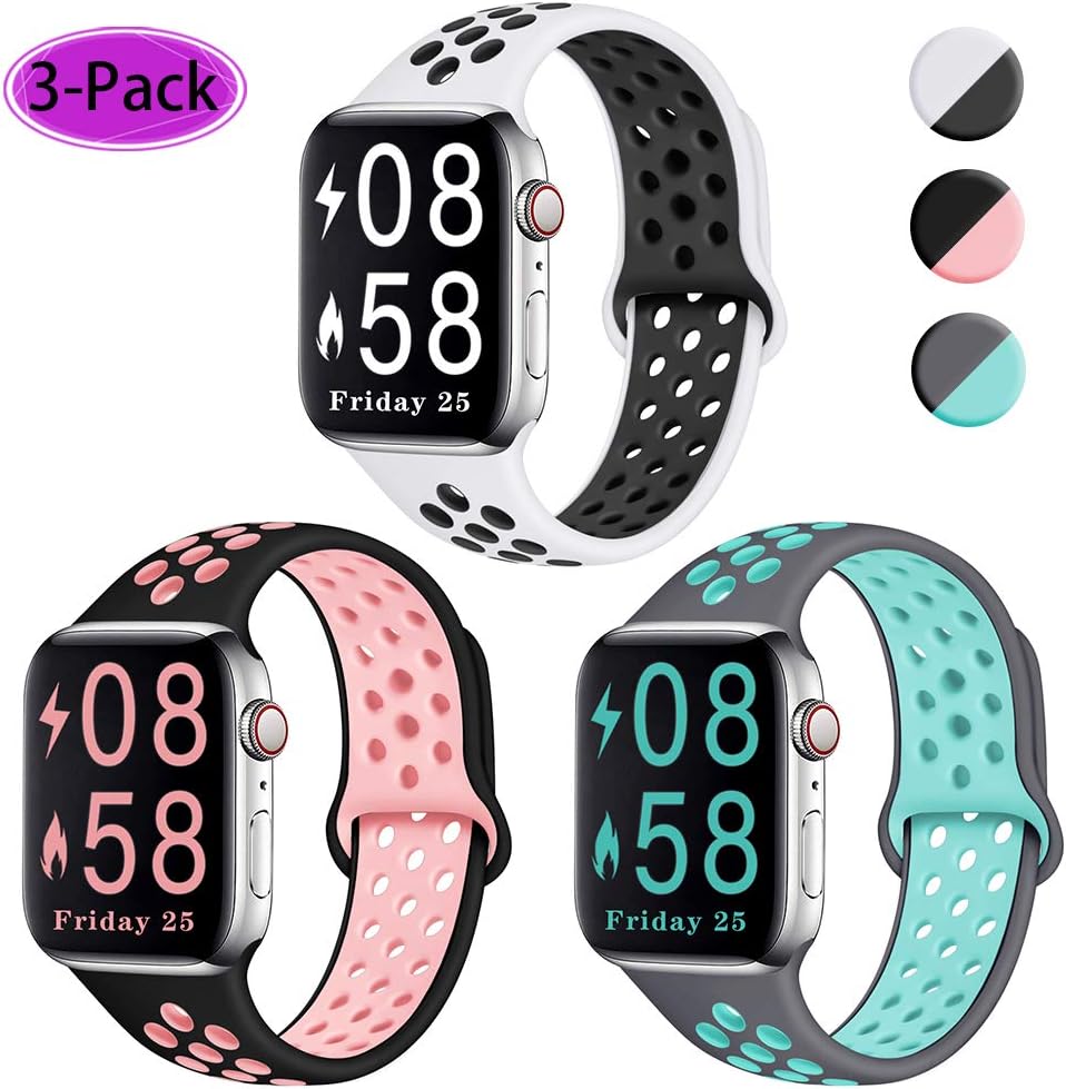Comvin Compatible for Apple Watch Band 38mm 40mm, Soft Silicone Sport Band Breathable Replacement Wristband Compatible for iWatch Series 5/4/3/2/1, Gray-Teal, Black-Pink, White-Black S/M