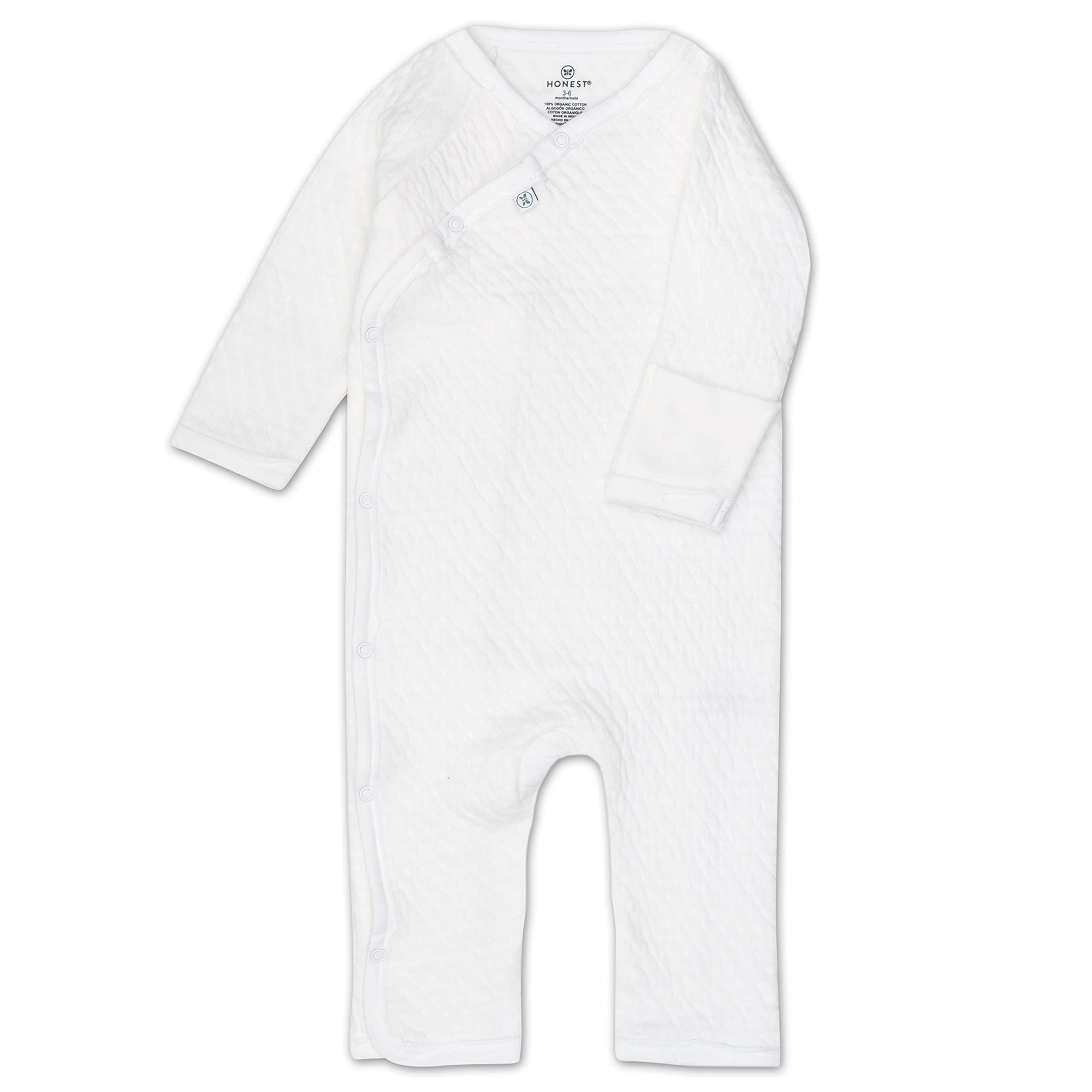 HonestBaby Organic Cotton Matelasse Kimono Coverall, Bright White, Newborn