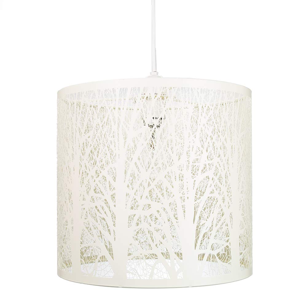Unique and Beautiful Soft Cream Metal Forest Design Ceiling Pendant Shade When Lit The Light Escapes Through The Gaps and Casts The Forest Against The Walls and Ceiling by Happy Homewares