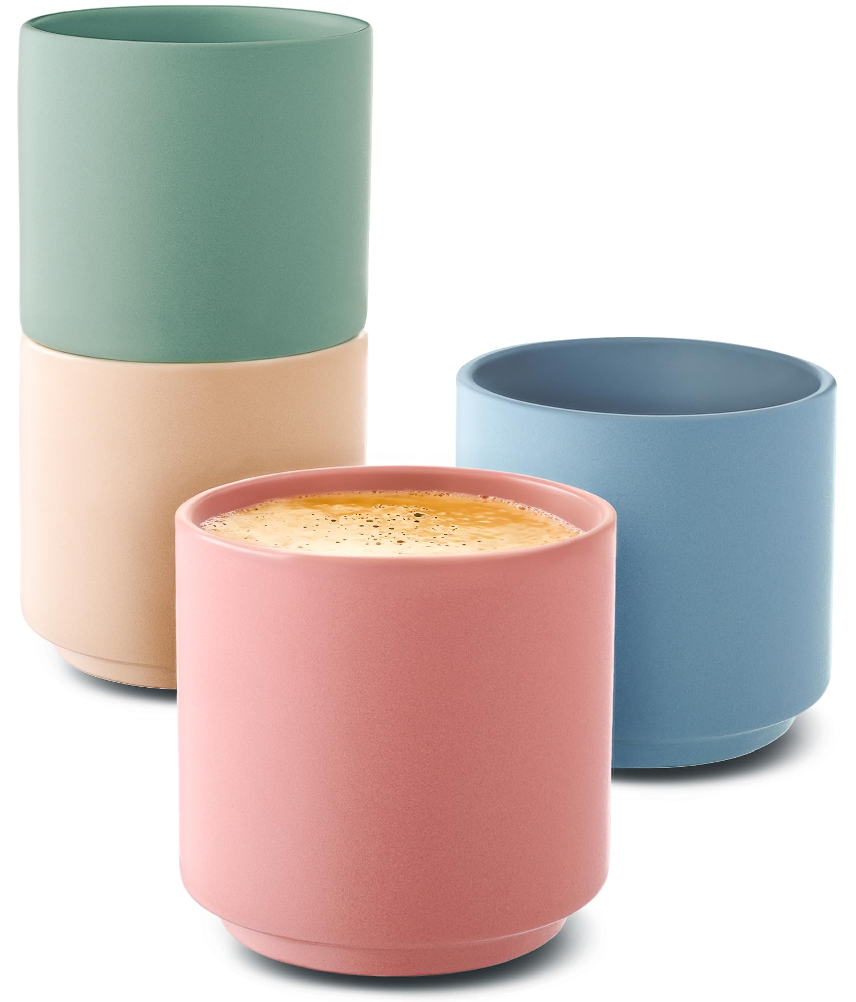 Cosumy Stackable Espresso Cups - 4 Pastel Ceramic Coffee Cups - Minimalist & Elegant Design - Heat Resistant - Thick Walled - Dishwasher Safe - 80ml / 2.7oz