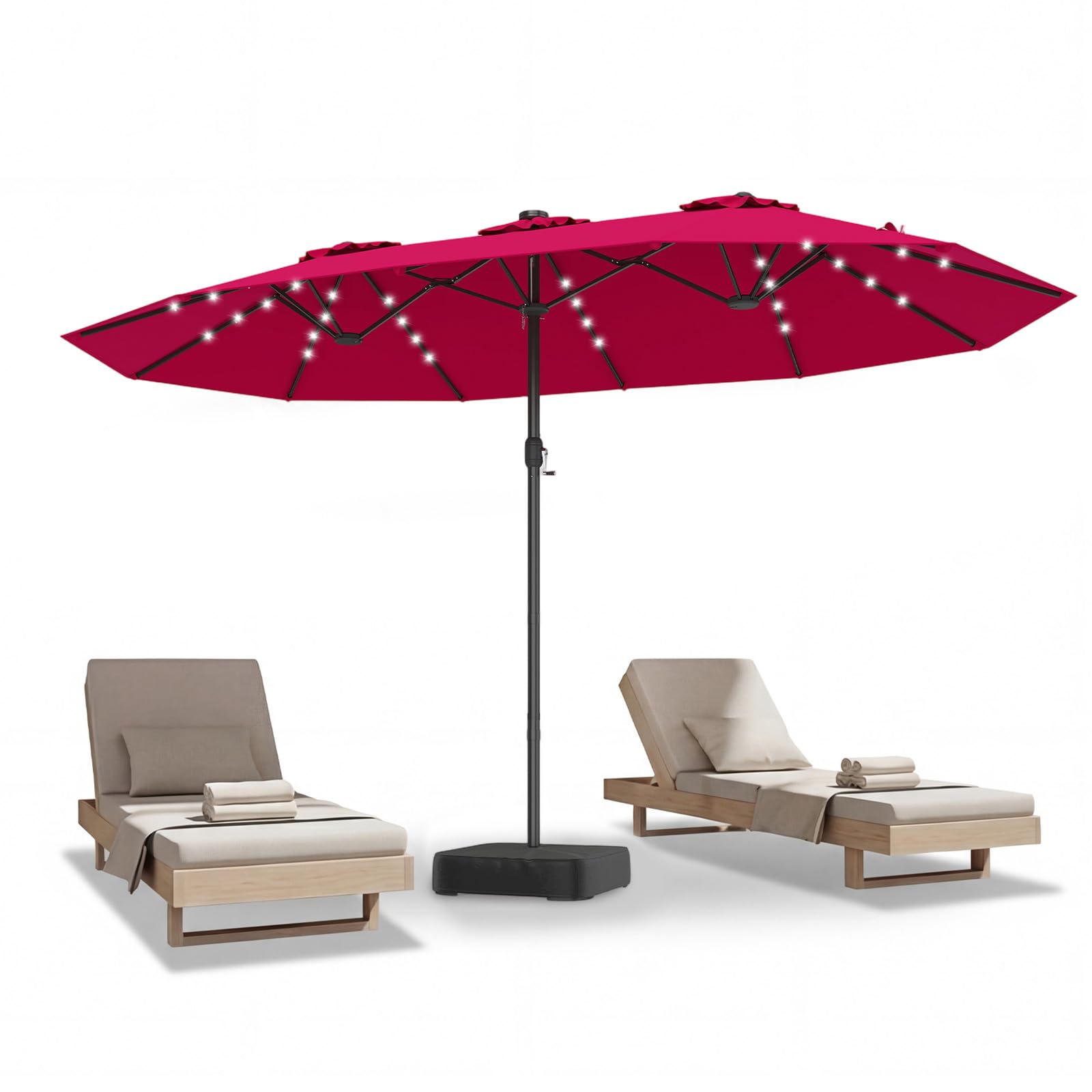 COSTWAY Doppelsonnenschirm mit Ständer und LED-Solar-Beleuchtung, 450 x 260 cm, Sonnenschirm Groß XXL, UPF 50+, Gartenschirm mit Kurbel, Terrassenschirm, Marktschirm für Garten, Terrasse (Rot)