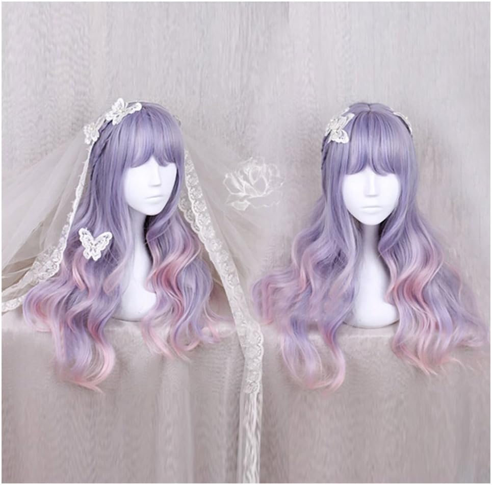 Girls Japan Harajuku Sweet Lolita Natural Looking Daily Wear Cute Fluffy Purple Blue Pink Ombre Healthy Long Curly Kanekalon Full Wig Cosplay