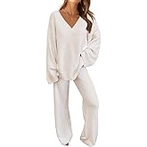 MEROKEETY Women's Lounge Sets 2026 Fall Fashion 2 Piece Outfits Sweater Pajama Set Fuzzy Loungewear Matching Winter Clothes