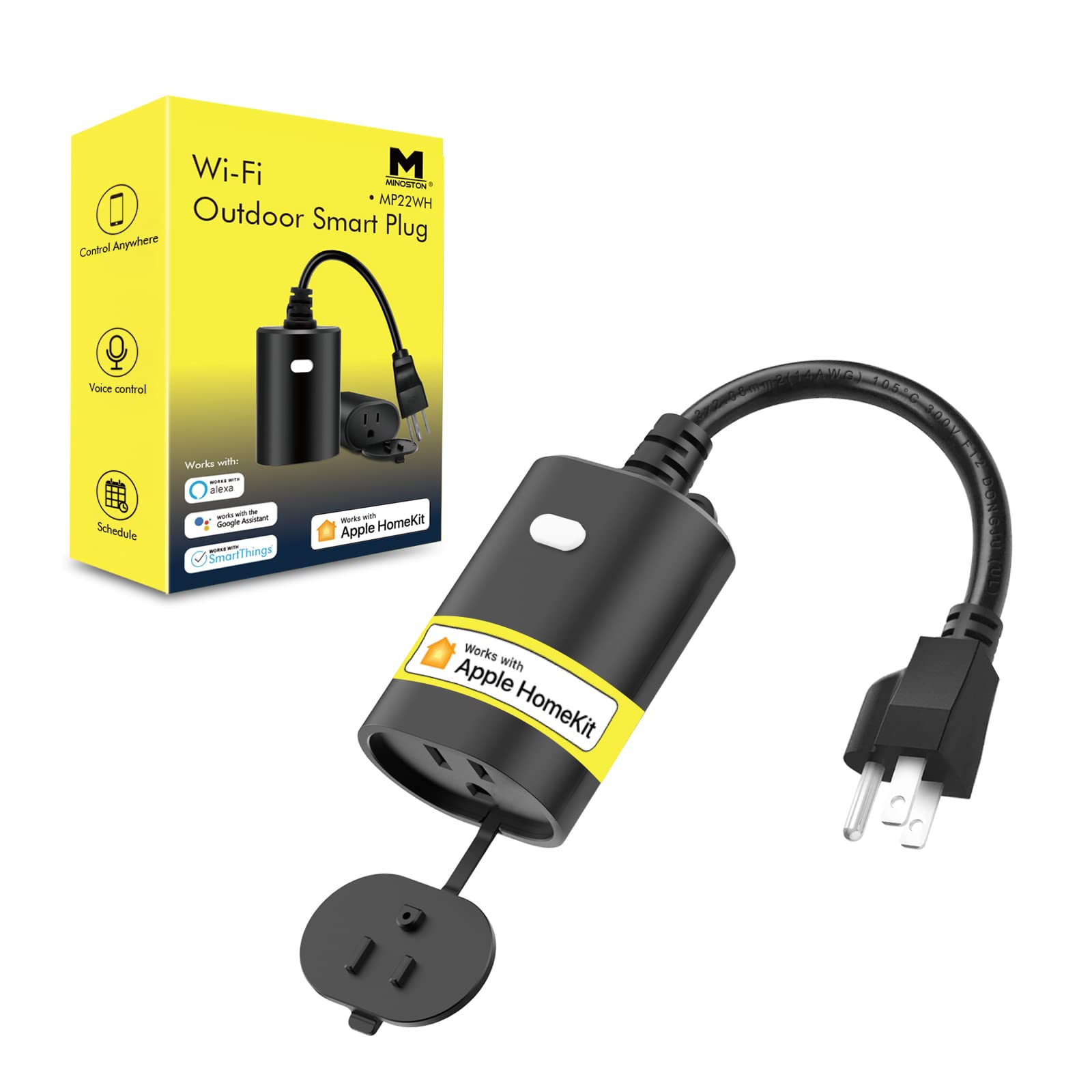 Photo 1 of Minoston HomeKit Outdoor Smart Plug, Waterproof Wi-Fi Outlet (2.4GHz Only), Compatible with Apple Home, Siri, Alexa, Google Assistant, Smart Life App, Heavy Duty Outlet Plug, Black (MP22WH)