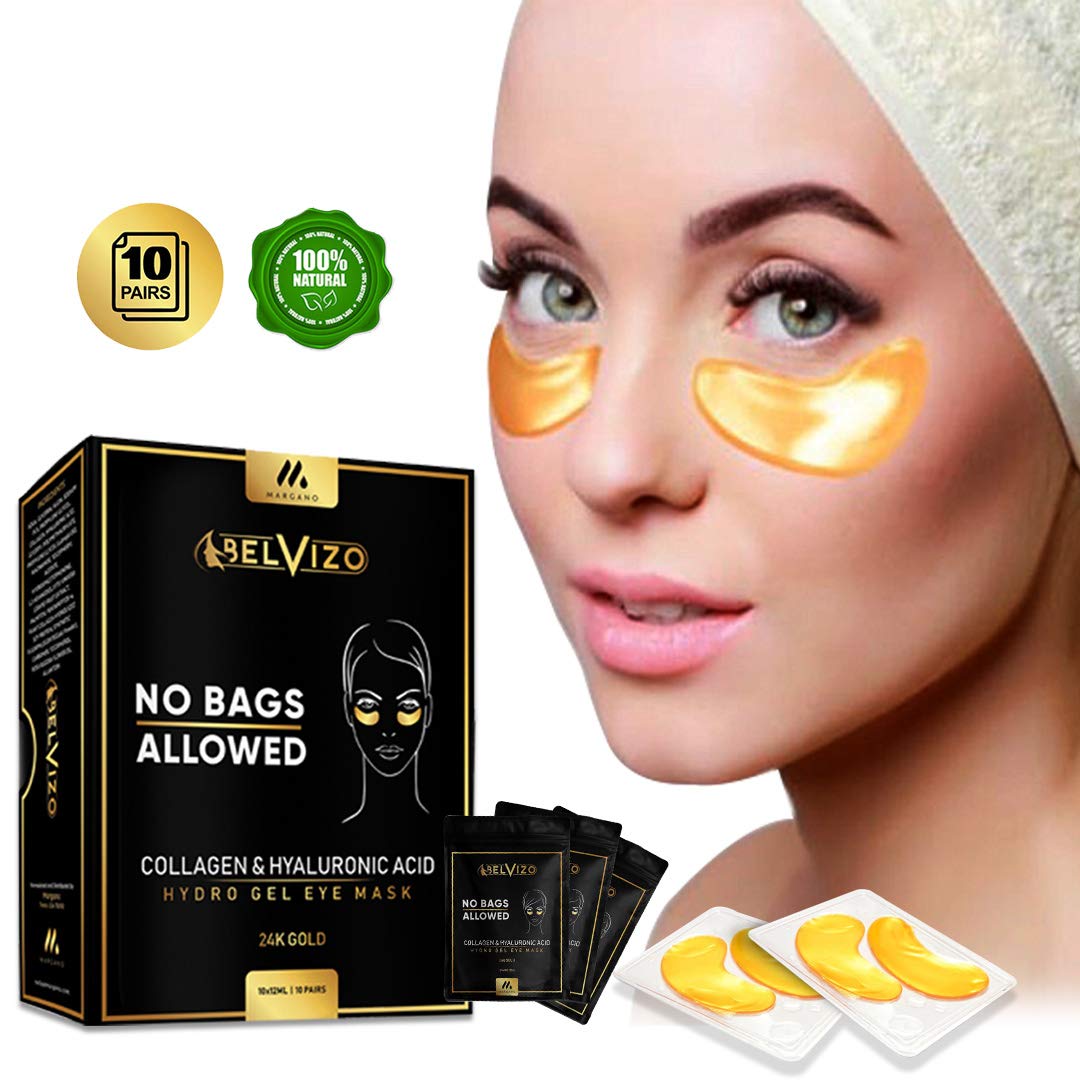Belvizo Under Eye Mask, 24K Gold w/Hyaluronic Acid + Plant Collagen, Soy Protein, Grapefruit Extract For Anti Dark Circles, Eye Bags, Puffiness, Anti Wrinkle |Hydro Gel Under Eye Patches. 10 Units