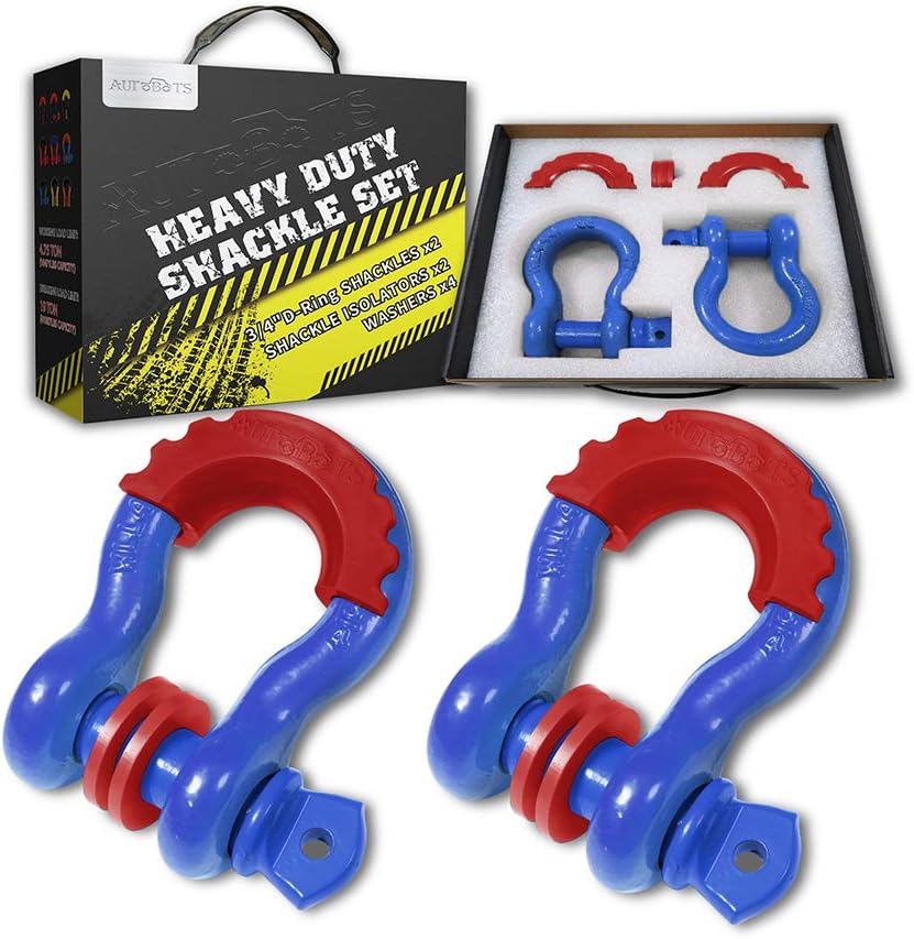 AUTOBOTS Bow Shackle 3/4" D-Ring Blue Shackle (2 Pack), 41,887Ib Break Strength with 7/8" Pin, 2 Red Isolator and 4 Washers Kit for Off-Road Jeep Vehicle Recovery