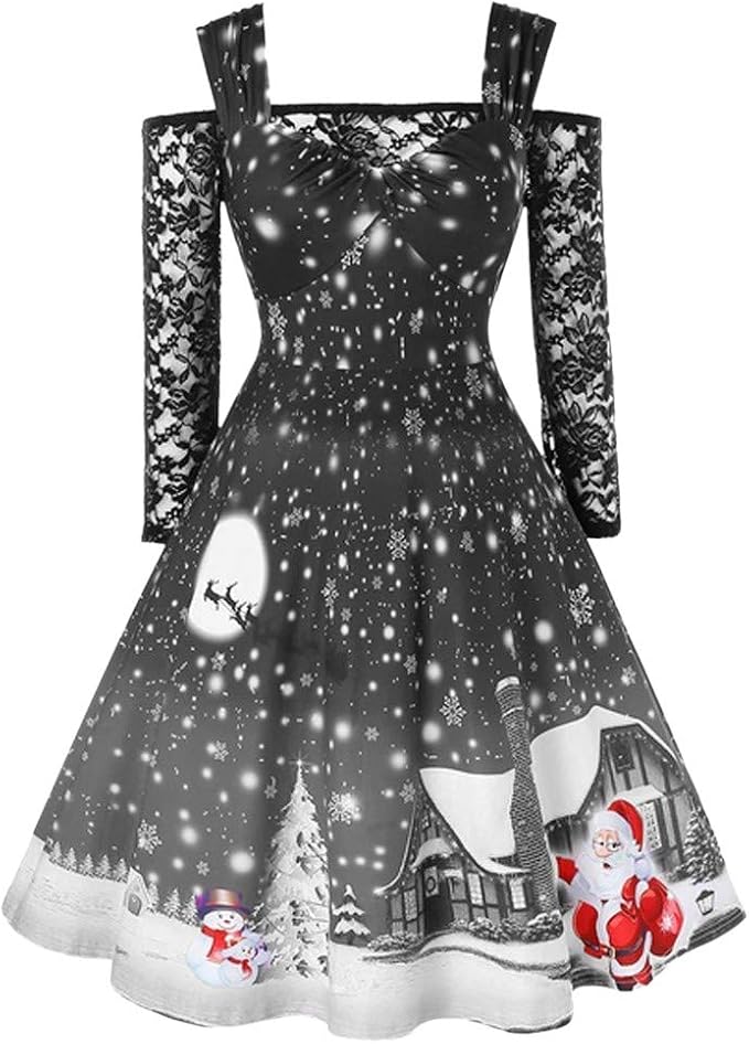 Abito Natale.Donna Vestiti Di Natale Lunga Maniche Abito Natale Vestito Da Donna Stampa Natalizio Midi Abito Elegante Vintage Abiti Da Santa Natale Vestito Di Festa Donna Vestito Di Natale Delle Donne Weant10265 Amazon It