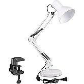 TORCHSTAR Metal Desk Lamp, Adjustable Swing Arm, E26, White | Architect Gooseneck Multi-Joint Clip Table Lamp with Plastic Clamp, for Home Office, Work, Study, Reading, Bulbs not Included