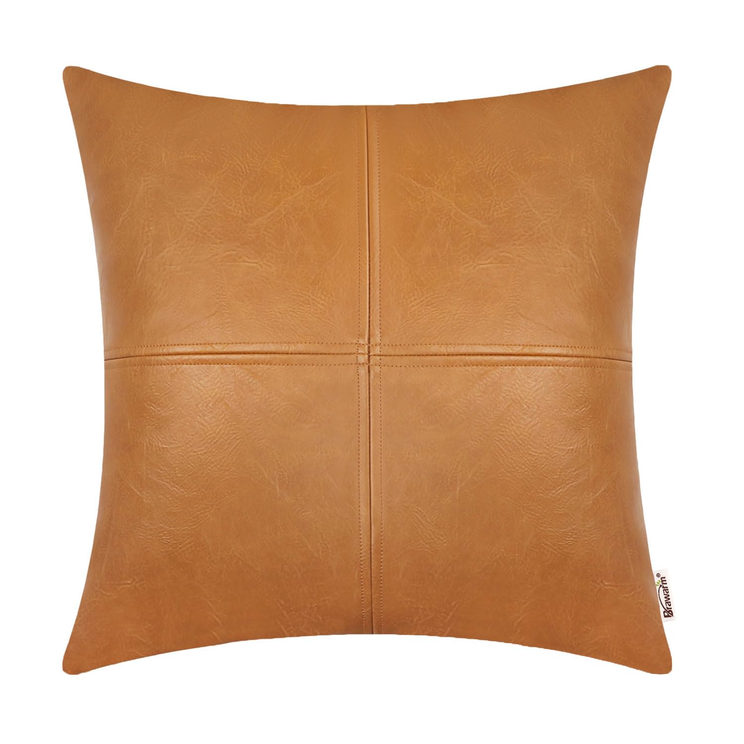BRAWARM Decorative Throw Pillow Covers, Faux Leather Throw Pillow Covers, Hand Stitched Faux Leather Couch Cases for Living Room Garden Bed, Tan, 55cm x 55cm