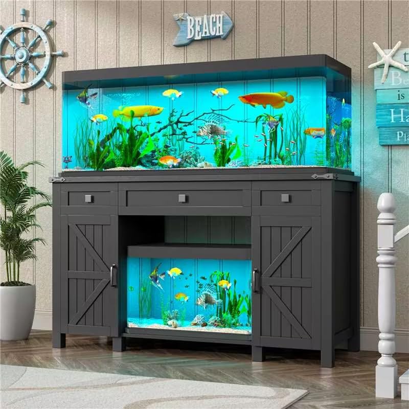 Photo 1 of **MINOR DAMAGE TO BASE PIECE**kepptory Farmhouse 55-75 Gallon Fish Tank Stand with Power Outlet, Aquarium Stand with 2 Drawers and Adjustable Shelves, Heavy Duty Reptile Tank Stand for 2 Fish Tank/Turtle Tank/Reptile Terrarium