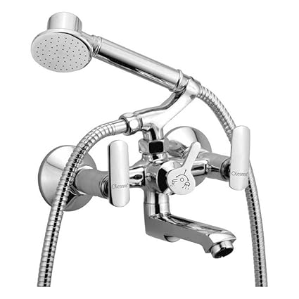 Oleanna Speed Brass Telephonic Wall Mixer with Crutch and Hand Shower Set Included (Disc Fitting | Quarter Turn | Form Flow) Chrome