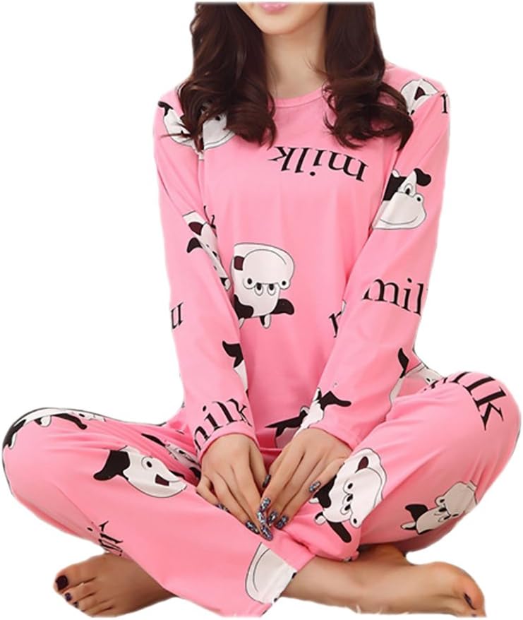 RAYYEE Big Girls' Pajamas Cartoon Female Long-sleeve Pajamas Suits (M, Pink)