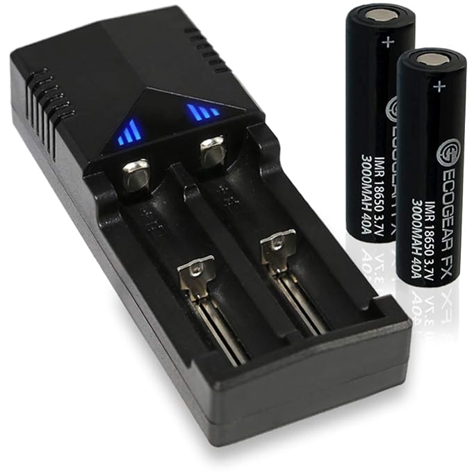 Smart Battery Charger 18650 Battery (2 Pack) by EcoGear FX - Rechargeable 3000mAh 18650 High Drain Flat Top Batteries for Electric Tools, Toys and LED Flashlights