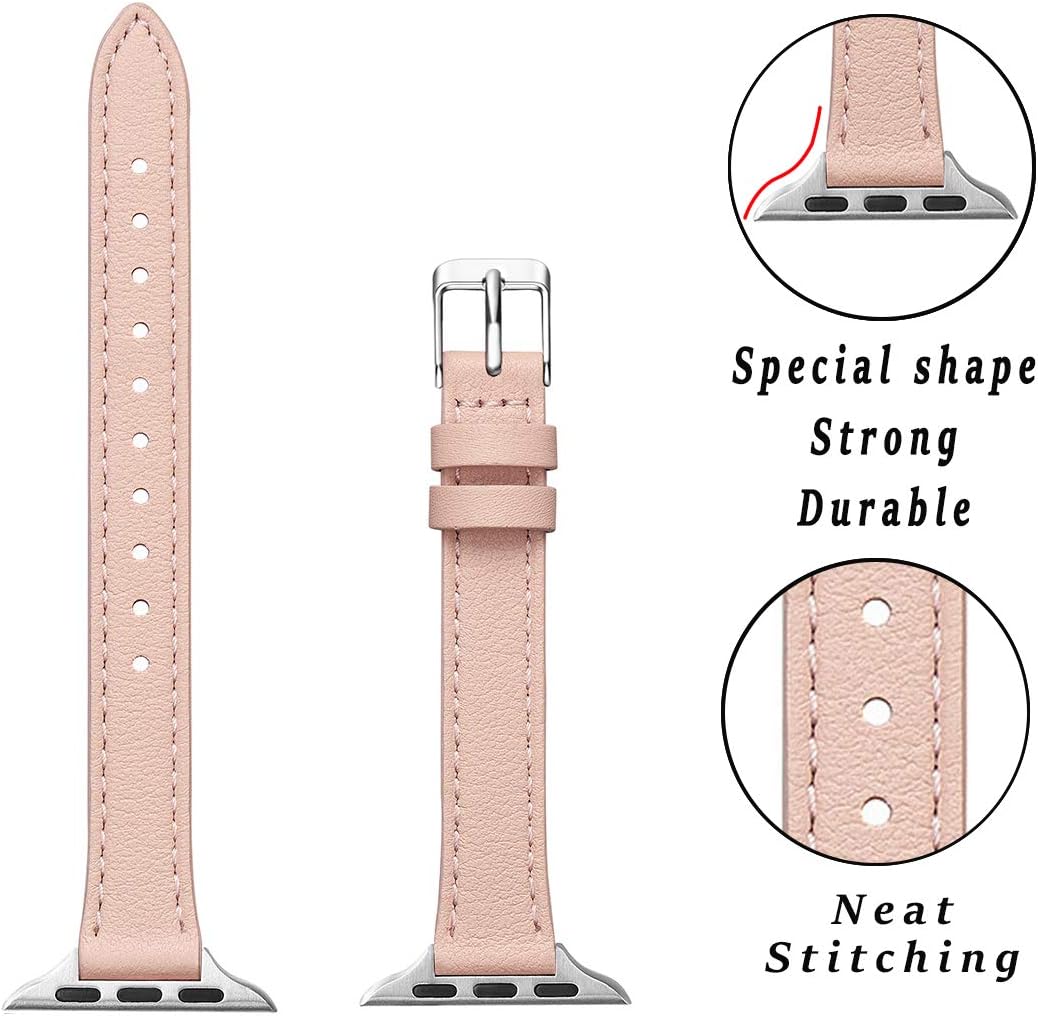 SUNFWR Compatible with Apple Watch Strap 42mm 44mm 45mm,Genuine Leather Strap Replacement,Slim&Thin Wristband for iwatch Series 7/6/5/4/3/2/1,SE(42mm 44mm 45mm,Pink sand&Silver) - Image 3
