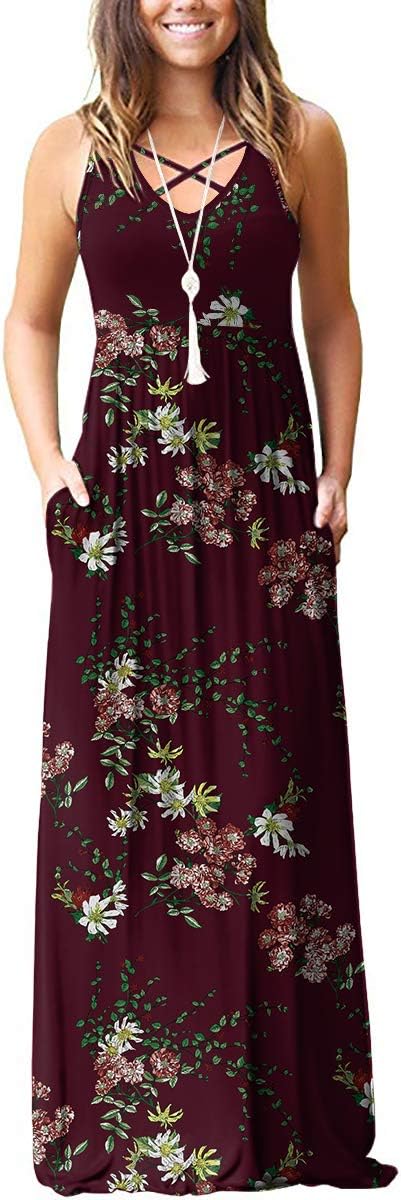 Women's Sleeveless Racerback Loose Plain Maxi Dresses Casual Long Dresses with Pockets