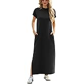 GRECERELLE 2025 Women Summer Mock Neck Short Sleeve Casual Loose Split Wrinkle-Free Long Maxi Dress with Pockets