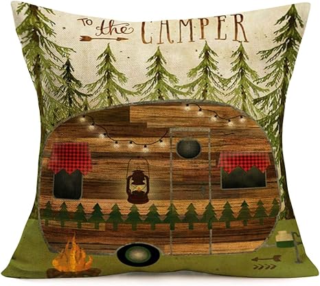 Amazon Com Tlovudori Farmhouse Throw Pillow Covers Vintage Wood Camper Pattern Cotton Linen Cushion Cover Forest Camping Pillow Cover Cases 18x18 Inches Travel Gift Decor Couch Car Bed Forest Camper Home Kitchen
