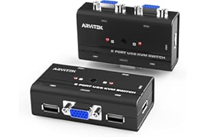 Arvitek VGA KVM Switch 2 Port, USB KVM Switches 2 in 1 Out Selector for 2 PCs Share 1 Monitor and 3 USB Devices Keyboard Mous